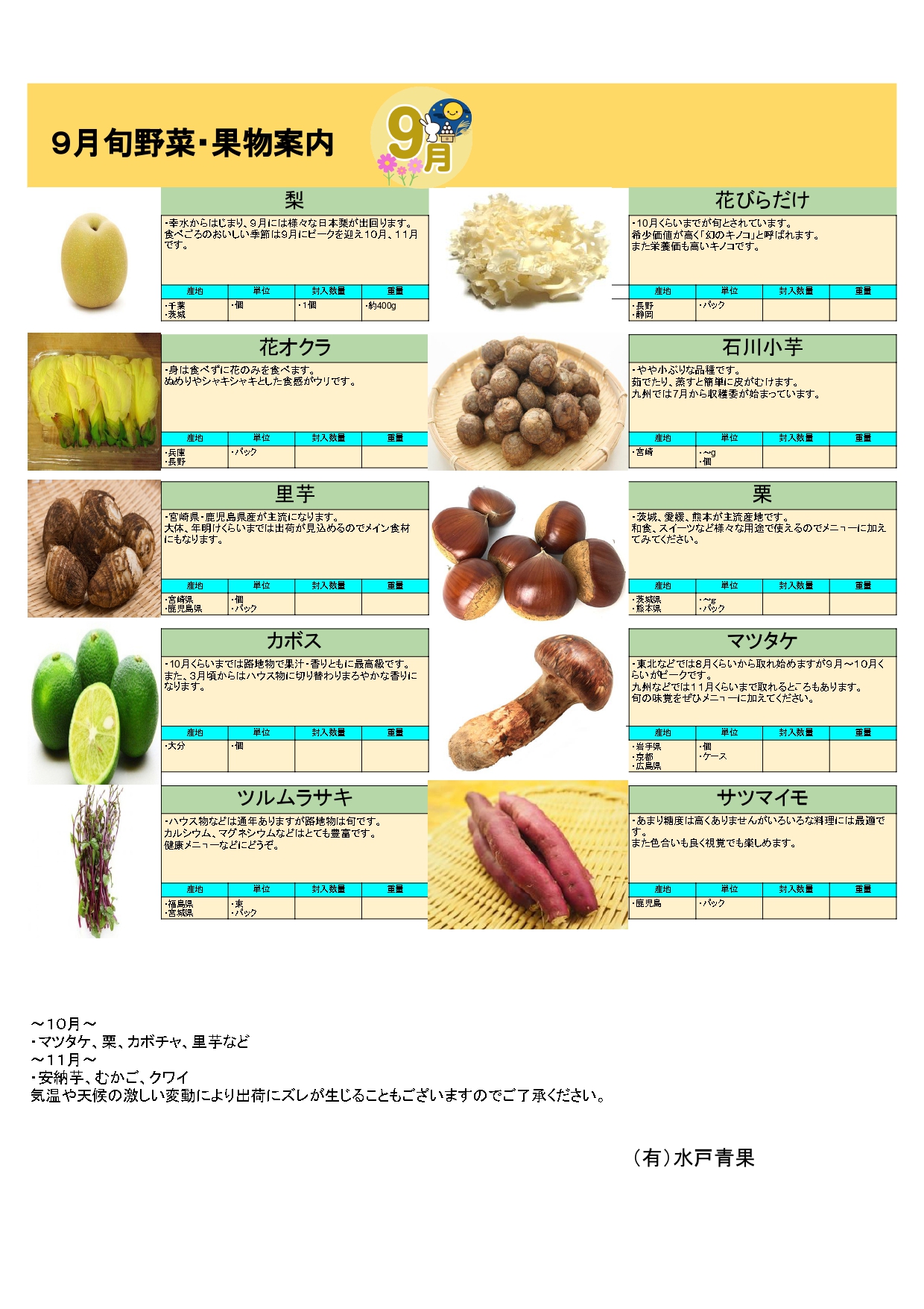 ９月の野菜 水戸青果 札幌市 野菜 果物卸売販売