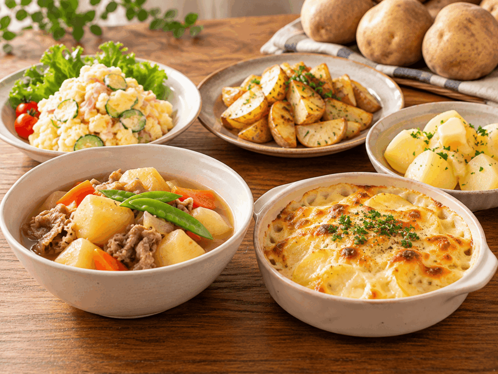 ポテトサラダ、肉じゃが、グラタン、ポテトフライ、じゃがバターなど、じゃがいもを使った料理